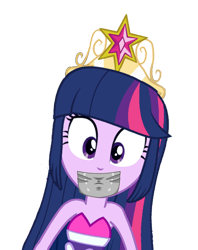 Size: 2484x3130 | Tagged: safe, artist:fireluigi29, edit, twilight sparkle, alicorn, human, equestria girls, g4, big crown thingy, element of magic, female, fetish, gag, high res, jewelry, regalia, simple background, solo, tape, tape gag, transparent background