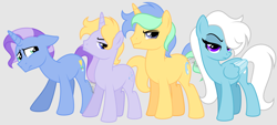 Size: 5914x2677 | Tagged: safe, artist:feather_bloom, oc, oc only, oc:dusk breeze(fb), oc:feather bloom(fb), oc:frost gale(fb), oc:star stream(fb), pegasus, pony, unicorn, g4, alternate universe, blue eyes, bully, closed mouth, colored wings, colored wingtips, ears back, family, female, folded wings, frown, green eyes, group, horn, lidded eyes, looking at someone, looking at you, male, mare, pegasus oc, purple eyes, quartet, siblings, simple background, smiling, stallion, standing, unicorn oc, white background, wings, worried