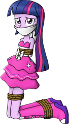 Size: 1034x1902 | Tagged: source needed, safe, artist:nivek15, edit, twilight sparkle, human, equestria girls, g4, background removed, bondage, cloth gag, fall formal outfits, female, fetish, gag, hands behind back, kneeling, rope, rope bondage, simple background, solo, tied up, transparent background