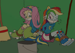 Size: 1200x840 | Tagged: safe, artist:bugssonicx, fluttershy, rainbow dash, human, equestria girls, g4, ankle tied, arm behind back, bondage, bound and gagged, bound wrists, broom closet, cloth gag, crying, duo, emanata, gag, one eye closed, rope, rope bondage, sitting, teary eyes, tied up, wondercolts uniform