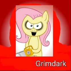 Size: 731x731 | Tagged: safe, artist:hotdiggedydemon, edit, fluttershy, pegasus, pony, .mov, derpibooru, g4, 1000 hours in ms paint, chainsaw, looking at you, low effort, low quality, meta, solo, spoilered image joke