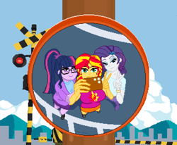 Size: 3400x2800 | Tagged: safe, artist:gonicfanfic, rarity, sci-twi, sunset shimmer, twilight sparkle, human, equestria girls, g4, breasts, busty sunset shimmer, cellphone, female, high res, mirror, mirror selfie, peace sign, phone, pixel art, railroad crossing, reflection, selfie, smartphone, traffic signal, trio, trio female