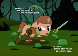 Size: 5500x4000 | Tagged: safe, artist:peternators, oc, oc only, oc:heroic armour, pony, unicorn, g4, armor, bag, boots, clothes, colt, everfree forest, fight, floppy ears, foal, leather, leather armor, levitation, magic, male, monologue, open mouth, outdoors, saddle bag, shoes, slime, sword, talking, telekinesis, text, weapon
