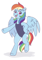 Size: 1485x2102 | Tagged: safe, artist:skysorbett, rainbow dash, pegasus, pony, g4, bipedal, blue swimsuit, clothes, colored sketch, female, looking at you, mare, one-piece swimsuit, open mouth, open smile, partially open wings, simple background, sketch, smiling, smiling at you, solo, sukumizu, swimsuit, white background, wings