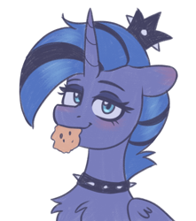 Size: 1900x2147 | Tagged: safe, artist:skysorbett, derpibooru exclusive, princess luna, alicorn, pony, g4, alternate hairstyle, bust, chest fluff, choker, chokerluna, collar, colored sketch, cookie, crown, female, food, jewelry, mare, mouth hold, portrait, punk, punk luna, regalia, simple background, sketch, solo, spiked choker, white background