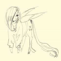 Size: 2048x2022 | Tagged: safe, artist:swollenbabyfat, fluttershy, pegasus, pony, g4, clothes, failgirl fluttershy, high res, hoodie, monochrome, partially open wings, solo, standing, sweater, sweatershy, wings