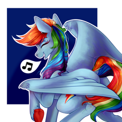 Size: 2000x2000 | Tagged: safe, artist:symphstudio, rainbow dash, pegasus, pony, g4, butt, eyes closed, high res, music notes, open mouth, open smile, partially open wings, passepartout, plot, rear view, smiling, solo, underhoof, wings