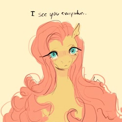 Size: 2048x2048 | Tagged: safe, artist:swollenbabyfat, part of a set, fluttershy, pegasus, pony, g4, closed mouth, cyan eyes, failgirl fluttershy, frown, high res, simple background, solo, text, yellow background