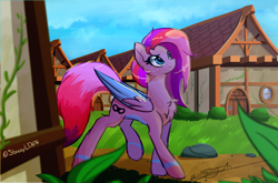 Size: 4447x2938 | Tagged: safe, artist:staceyld636, oc, pegasus, pony, chest fluff, commission, complex background, dirt, female, folded wings, freckles, grass, house, houses, lightning, mare, outdoors, pegasus oc, rock, shading, signature, sky, smiling, solo, standing, trotting, trotting in place, wings