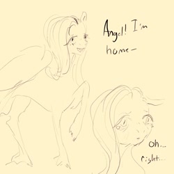 Size: 2048x2048 | Tagged: safe, artist:swollenbabyfat, part of a set, fluttershy, pegasus, pony, g4, cloven hooves, failgirl fluttershy, female, high res, implied angel bunny, implied death, mare, monochrome, sad, simple background, sketch, solo, talking, text, yellow background