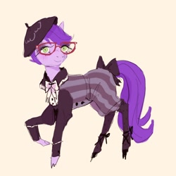 Size: 2048x2048 | Tagged: safe, artist:swollenbabyfat, earth pony, pony, beret, bow, clothes, cloven hooves, glasses, green eyes, hat, high res, pantyhose, purple coat, purple mane, raised hoof, shoes, simple background, solo, standing, tail, tail bow, unknown pony, white background