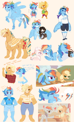 Size: 5010x8227 | Tagged: safe, artist:glorymoon, applejack, rainbow dash, oc, oc:costal blast "shark", oc:relay, earth pony, pegasus, pony, shark, anthro, plantigrade anthro, unguligrade anthro, fall weather friends, g4, alternate cutie mark, arm scar, armband, bite mark, blaze (coat marking), blush lines, blushing, braid, breasts, bucket, busty applejack, chest fluff, clothes, coach rainbow dash, coat markings, confused, denim, drool, ear fluff, eyebrows, eyes closed, facial markings, facial scar, fangs, female, flapping, flower, flower in hair, flying, folded wings, freckles, glasses, gradient legs, grin, grulla overo, hand in pocket, heart, hoofbump, hug, inner tube, jeans, jewelry, lesbian, lidded eyes, looking at each other, looking at someone, looking at you, magical lesbian spawn, male, mother and child, mother and daughter, mother and son, necklace, offspring, pale belly, pants, parent:applejack, parent:rainbow dash, parents:appledash, partially open wings, ponytail, pool toy, question mark, rainbow dashs coaching whistle, raised eyebrow, raised hoof, reading glasses, running of the leaves, scar, scarred, shark tooth necklace, sharp teeth, shawl, ship:appledash, shipping, shirt, shoes, short shirt, shorts, shoulder freckles, simple background, smiling, socks, spread wings, standing, star (coat marking), star wars, sunglasses, sunglasses on head, swimsuit, t-shirt, talking, teeth, tooth necklace, unsure, whistle, whistle necklace, white background, wing freckles, wing scar, winghug, wings, wings down
