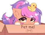 Size: 2773x2170 | Tagged: safe, alternate version, artist:airiniblock, oc, oc only, oc:vesper, earth pony, pony, box, cardboard box, commission, ear fluff, earth pony oc, fingers together, heart, heart eyes, looking at you, pet request, pony in a box, puppy dog eyes, simple background, solo, white background, wingding eyes, ych result, your character here