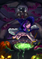 Size: 1024x1449 | Tagged: safe, artist:zsnowfilez, pipp petals, pegasus, pony, g5, adorapipp, cauldron, cute, female, halloween, hat, holiday, jack-o-lantern, looking at you, mare, pumpkin, smiling, smiling at you, solo, witch hat, witch pipp