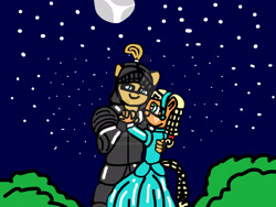 Size: 1920x1440 | Tagged: dead source, safe, applejack, caramel, anthro, g4, alternate hairstyle, applejack also dresses in style, applerella, cinderella, clothes, deviantart watermark, dress, duo, female, gown, knight, looking at each other, looking at someone, male, night, obtrusive watermark, princess applejack, ship:carajack, shipping, smiling, smiling at each other, starry night, straight, suit of armour, watermark