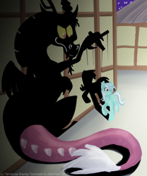 Size: 1500x1800 | Tagged: safe, artist:inuhoshi-to-darkpen, discord, lyra heartstrings, draconequus, pony, unicorn, g4, duo, evil smirk, manipulation, night, ponyville, puppet strings, shadow