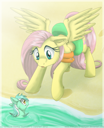 Size: 1300x1600 | Tagged: safe, artist:inuhoshi-to-darkpen, fluttershy, lyra heartstrings, pegasus, pony, sea pony, g4, beach, floaty, inner tube, looking at each other, looking at someone, pool toy, seaponified, seapony lyra, smiling, species swap, surprised, water, water wings