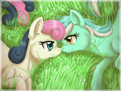 Size: 1600x1200 | Tagged: safe, artist:inuhoshi-to-darkpen, bon bon, lyra heartstrings, sweetie drops, earth pony, pony, unicorn, g4, duo, female, grass, lesbian, lidded eyes, looking at each other, looking at someone, lying down, mare, nose to nose, ship:lyrabon, shipping, smiling