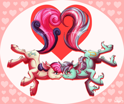 Size: 1900x1600 | Tagged: safe, artist:inuhoshi-to-darkpen, bon bon, lyra heartstrings, sweetie drops, classical unicorn, earth pony, pony, unicorn, g4, abstract background, blushing, boop, eye contact, female, heart, hearts and hooves day, holiday, horn, leonine tail, lesbian, love, nose to nose, noseboop, nuzzling, ship:lyrabon, shipping, unshorn fetlocks, valentine, valentine's day