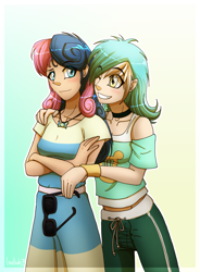Size: 1119x1519 | Tagged: safe, artist:inuhoshi-to-darkpen, bon bon, lyra heartstrings, sweetie drops, human, g4, best friends, choker, clothes, cutie mark on clothes, dress, duo, female, gradient background, humanized, jewelry, lesbian, looking at each other, looking at someone, midriff, necklace, pants, pendant, ship:lyrabon, shipping, shirt, shoulderless, side hug, skirt, smiling, sunglasses, wink