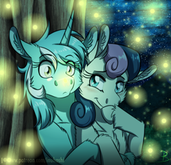 Size: 1656x1600 | Tagged: safe, artist:inuhoshi-to-darkpen, bon bon, lyra heartstrings, sweetie drops, earth pony, firefly (insect), insect, pony, unicorn, g4, adorabon, amused, blushing, bon bon is amused, cute, duo, female, insect on nose, lesbian, lyrabetes, mare, night, ship:lyrabon, shipping, smiling, tree, unshorn fetlocks