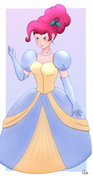 Size: 1280x2443 | Tagged: safe, artist:film77asq, pinkie pie, human, equestria girls, g4, alternate hairstyle, breasts, busty pinkie pie, cinderella, clothes, dress, ear piercing, earring, evening gloves, female, flower, flower in hair, gloves, gown, jetlag productions, jewelry, long gloves, necklace, passepartout, pearl necklace, piercing, poofy shoulders, princess pinkie pie, smiling, solo