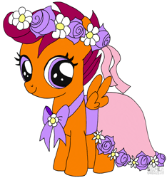 Size: 1028x1100 | Tagged: safe, artist:playtimerogerhargreavesandbonniezacherlefan68, scootaloo, pegasus, pony, a canterlot wedding, g4, season 2, bridesmaid dress, clothes, colored, coloring page, cute, cutealoo, dress, female, filly, floral head wreath, flower, flower filly, flower girl, flower girl dress, foal, simple background, solo, white background