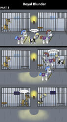 Size: 1920x3516 | Tagged: safe, artist:platinumdrop, apple strudel, derpy hooves, earth pony, pegasus, pony, unicorn, comic:royal blunder, g4, 3 panel comic, alternate universe, ankle cuffs, apple family member, armor, avoiding eye contact, ball and chain, bars, blood, bowl, chained, chains, clothes, comic, commission, crying, cuffed, cuffs, dialogue, door, dungeon, ears back, elderly, female, floppy ears, folded wings, food, glowing, glowing horn, gruel, guard, hat, horn, indoors, jail, jail cell, looking at someone, magic, maid, male, mare, nosebleed, onomatopoeia, open mouth, pleading, prison, prison cell, prison outfit, prison stripes, prisoner, punishment, restraints, sad, shackles, sitting, sniffling, sound effects, spear, speech bubble, spider web, stallion, talking, telekinesis, torch, uniform, walking, wall of tags, weapon, window, wings, wings down