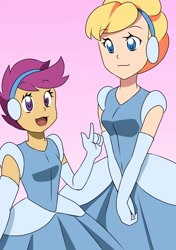 Size: 1058x1500 | Tagged: safe, artist:aokushan, scootaloo, human, equestria girls, g4, cinderella, clothes, dress, evening gloves, female, gloves, gown, long gloves, open mouth, poofy shoulders, smiling