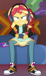 Size: 313x507 | Tagged: safe, screencap, sunset shimmer, equestria girls, g4, game stream, my little pony equestria girls: better together, converse, cropped, gamer sunset, headphones, shoes, sitting, solo