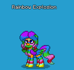 Size: 296x281 | Tagged: safe, oc, oc only, oc:rainbow explosion, pegasus, pony, pony town, adopted, adopted offspring, blue background, do not steal, female, large wings, mare, multicolored hair, offspring, original character do not steal, parents:oc x oc, pegasus oc, rainbow fur, rainbow hair, rainbow pony, rainbow skin, rainbow tail, simple background, solo, tail, wings