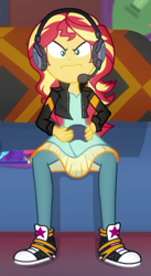 Size: 266x487 | Tagged: safe, screencap, sunset shimmer, equestria girls, g4, game stream, my little pony equestria girls: better together, calarts, converse, cropped, gamer sunset, headphones, shoes, sitting, solo