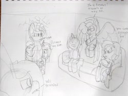Size: 4608x3456 | Tagged: safe, artist:acid flask, oc, oc only, oc:acid flask, oc:blood moon, oc:countess sweet bun, oc:dark, oc:dust, oc:lightpoint, bat pony, pegasus, pony, unicorn, zebra, zebracorn, 2d, :p, angry, couch, crossed arms, curved horn, flying, folded wings, hole, hole in the wall, horn, large wings, laughing, male, pointing, sigh, sitting, sketch, spread wings, stallion, tongue out, traditional art, unamused, wings