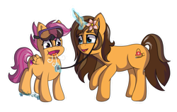 Size: 1123x711 | Tagged: safe, artist:tenderrain-art, scootaloo, oc, oc:tranquil paradise, pony, g4, breathing, checkup, commission, dive mask, female, filly, flower, flower in hair, foal, goggles, magic, simple background, stethoscope, transparent background