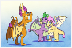 Size: 1772x1181 | Tagged: safe, artist:inuhoshi-to-darkpen, smolder, spike, oc, oc:buttercream the dragon, dragon, flurry heart's story, g4, adult, adult spike, brother and sister, camera, chubby, commission, dragoness, fat, fat spike, female, gradient background, headcanon, hug, male, older, older smolder, older spike, one eye closed, passepartout, peace sign, plump, siblings, spike's family, spike's sister, taking a photo, wink