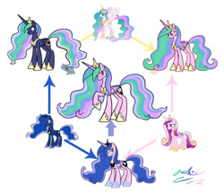 Size: 1280x1104 | Tagged: safe, artist:jacksterqueen, princess cadance, princess celestia, princess luna, alicorn, pony, g4, crown, ethereal hair, ethereal mane, ethereal tail, female, fusion, fusion diagram, fusion:celestiance, fusion:lundance, fusion:lunestia, fusion:princess cadance, fusion:princess celestia, fusion:princess luna, hexafusion, hoof shoes, jewelry, looking at you, mare, peytral, princess shoes, raised hoof, regalia, simple background, smiling, sparkly mane, sparkly tail, standing, starry mane, starry tail, tail, tiara, white background