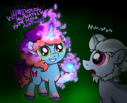 Size: 3228x2615 | Tagged: safe, artist:background basset, alphabittle blossomforth, misty brightdawn, pony, unicorn, g5, dialogue, fire, fire magic, gradient background, high res, magic, possessed, rebirth misty, text