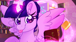 Size: 3840x2160 | Tagged: safe, artist:lbrcloud, twilight sparkle, alicorn, pony, g4, book, bookshelf, commission, high res, library, magic, magic aura, smiling, solo, tongue out, twilight sparkle (alicorn)