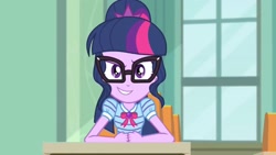 Size: 1920x1080 | Tagged: safe, screencap, sci-twi, twilight sparkle, human, equestria girls, g4, my little pony equestria girls: better together, the finals countdown, glasses, grin, looking at you, school, smart, smiling