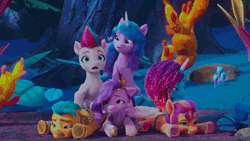 Size: 1920x1080 | Tagged: safe, screencap, hitch trailblazer, izzy moonbow, misty brightdawn, pipp petals, sunny starscout, zipp storm, earth pony, pegasus, pony, unicorn, family trees, g5, my little pony: make your mark, my little pony: make your mark chapter 5, spoiler:g5, spoiler:my little pony: make your mark, spoiler:my little pony: make your mark chapter 5, spoiler:mymc05e03, animated, blue light, cellphone, dragon lands, female, flying, glowing, jungle, magic, male, mane five, mane six (g5), mane stripe sunny, mare, outdoors, phone, plant, plants, portal, rebirth misty, smartphone, sound, stallion, the isle of scaly (location), webm