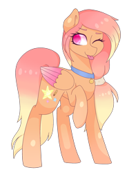 Size: 1721x2156 | Tagged: safe, artist:oniiponii, oc, oc only, pegasus, pony, :p, collar, colored wings, female, folded wings, mare, one eye closed, pegasus oc, simple background, solo, standing, tongue out, transparent background, two toned wings, wings, wink