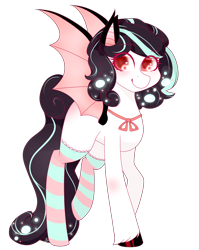 Size: 1720x2160 | Tagged: safe, artist:oniiponii, oc, oc only, bat pony, pony, bat pony oc, bat wings, clothes, female, looking at you, mare, simple background, smiling, smiling at you, socks, solo, spread wings, standing, striped socks, transparent background, unshorn fetlocks, wings