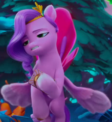 Size: 1069x1167 | Tagged: safe, screencap, pipp petals, pegasus, pony, family trees, g5, my little pony: make your mark, my little pony: make your mark chapter 5, spoiler:g5, cellphone, cropped, disappointed, faic, female, flying, mare, outdoors, phone, pipp petals is best facemaker, pipp petals is not amused, smartphone, solo, unamused