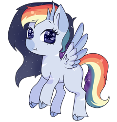Size: 1576x1642 | Tagged: safe, artist:oniiponii, oc, oc only, pegasus, pony, cloven hooves, commission, ethereal mane, eyelashes, female, mare, multicolored hair, pegasus oc, rainbow hair, simple background, solo, starry mane, transparent background, wings, ych result