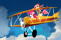 Size: 1240x813 | Tagged: safe, artist:solid shrimp, fluttershy, pinkie pie, earth pony, pegasus, pony, g4, aviator hat, biplane, clothes, duo, female, flying, hat, jacket, mare, outdoors, pinktober, plane, sky, smiling, tail, windswept mane, windswept tail