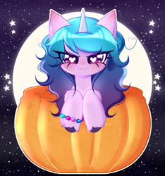 Size: 2432x2600 | Tagged: safe, artist:arwencuack, izzy moonbow, pony, unicorn, g5, bracelet, commission, friendship bracelet, halloween, halloween 2023, heart, heart eyes, high res, holiday, jewelry, looking at you, pumpkin, solo, unshorn fetlocks, wingding eyes, your character here