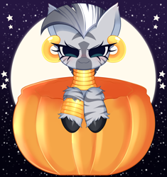 Size: 2340x2488 | Tagged: safe, alternate character, alternate version, artist:arwencuack, zecora, zebra, g4, commission, cute, halloween, halloween 2023, high res, holiday, looking at you, pumpkin, your character here, zecorable