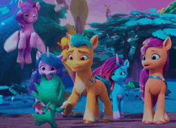 Size: 1444x1052 | Tagged: safe, screencap, hitch trailblazer, izzy moonbow, misty brightdawn, pipp petals, sparky sparkeroni, sunny starscout, zipp storm, dragon, earth pony, pegasus, pony, unicorn, family trees, g5, my little pony: make your mark, my little pony: make your mark chapter 5, spoiler:g5, spoiler:my little pony: make your mark, spoiler:my little pony: make your mark chapter 5, spoiler:mymc05e03, animated, carrying, cropped, cute, dragon lands, excited, female, flying, gif, happy, holding a dragon, jumping, jungle, male, mane five, mane seven (g5), mane six (g5), mare, outdoors, plant, plants, rebirth misty, sparkybetes, stallion, the isle of scaly (location), tree
