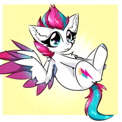 Size: 2000x2000 | Tagged: safe, artist:jubyskylines, zipp storm, pegasus, pony, g5, :p, adorazipp, chest fluff, colored hooves, colored wings, colored wingtips, cute, ear fluff, female, gradient wings, high res, looking at you, lying down, mare, multicolored wings, on back, partially open wings, passepartout, silly, solo, sparkles, tongue out, unshorn fetlocks, wings