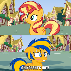 Size: 1316x1316 | Tagged: safe, artist:mlpfan3991, sunset shimmer, oc, oc:flare spark, pegasus, pony, unicorn, g4, female, lesbian, mare, nervous, oh no he's hot, reference, ship:flareset, smiling, spongebob reference, spongebob squarepants, squilliam returns, sweat